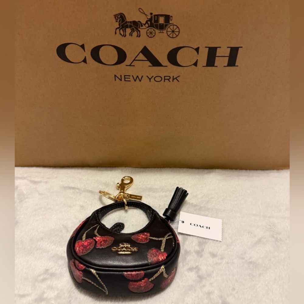Coach Black Leather Mini Carmen Cherry Charm Key Pouch with Gold Hardware - Picture 4 of 4